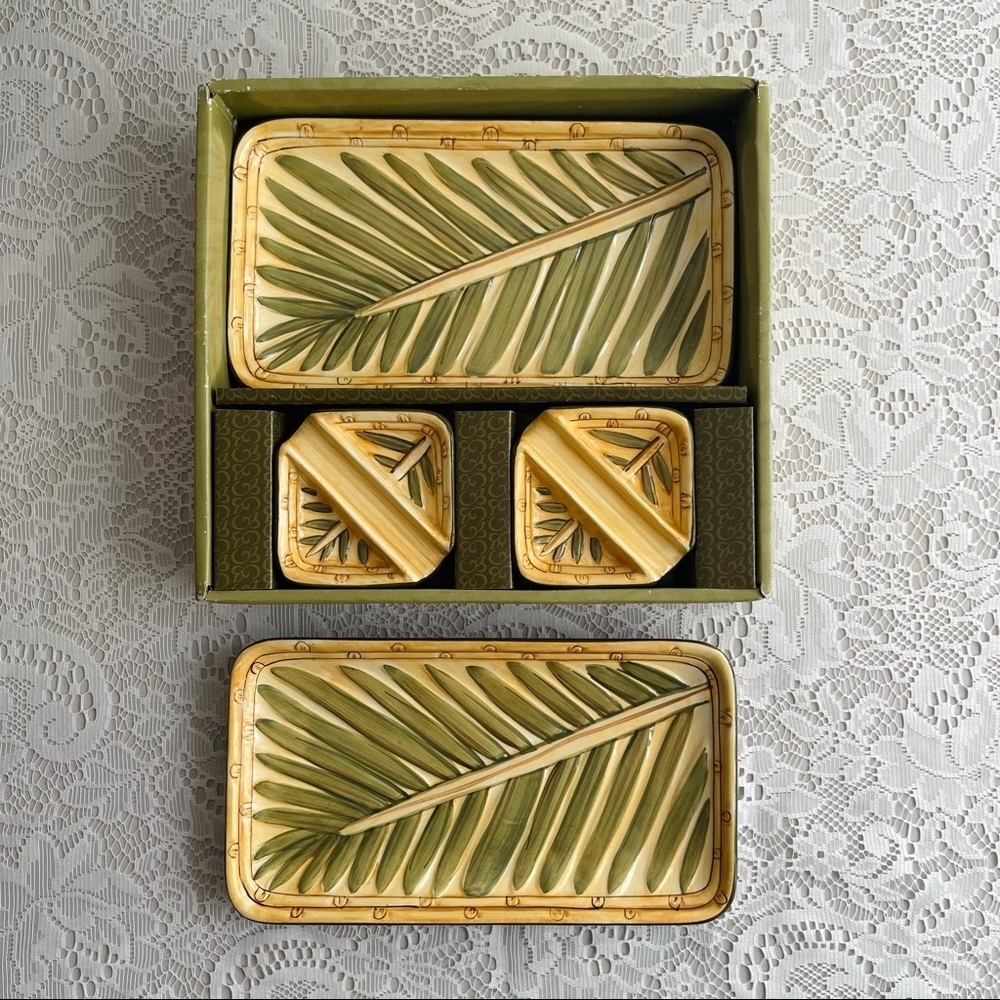 Island Plantations Sushi Set 4 Pieces Hand Painted Ceramic Areca Palm New